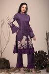 Shop_Beejoliyo_Purple Cotton, Suede Embroidery Round Neck Kurta And Pant Set _Online_at_Aza_Fashions