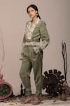 Buy_Beejoliyo_Green Suede Printed Floral Lapel Collar Bomber Jacket And Pant Set _at_Aza_Fashions