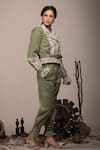 Buy_Beejoliyo_Green Suede Printed Floral Lapel Collar Bomber Jacket And Pant Set _Online_at_Aza_Fashions