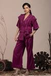 Buy_Beejoliyo_Purple Suede Embroidered Geometric Lapel Collar Top And Pant Set _at_Aza_Fashions