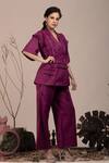 Beejoliyo_Purple Suede Embroidered Geometric Lapel Collar Top And Pant Set _Online_at_Aza_Fashions