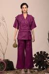 Buy_Beejoliyo_Purple Suede Embroidered Geometric Lapel Collar Top And Pant Set _Online_at_Aza_Fashions