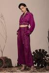 Shop_Beejoliyo_Purple Suede Embroidered Thread Lapel Collar Jacket And Pant Set _Online_at_Aza_Fashions