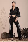 Buy_Beejoliyo_Black Suede Embroidered Thread Lapel Collar Crop Jacket And Pant Set _at_Aza_Fashions