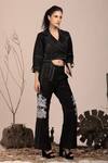 Shop_Beejoliyo_Black Suede Embroidered Thread Lapel Collar Crop Jacket And Pant Set _Online_at_Aza_Fashions