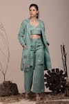 Buy_BEEJOLIYO_Green Suede Embroidered Thread Jacket Lapel Collar Long Pant Set _at_Aza_Fashions