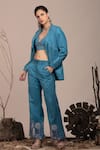 BEEJOLIYO_Blue Suede Embroidered Thread Blazer Notched Collar Pant Set _Online_at_Aza_Fashions