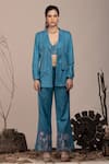 Buy_BEEJOLIYO_Blue Suede Embroidered Thread Blazer Notched Collar Pant Set _Online_at_Aza_Fashions