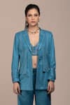 BEEJOLIYO_Blue Suede Embroidered Thread Blazer Notched Collar Pant Set _at_Aza_Fashions