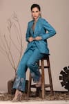 Shop_BEEJOLIYO_Blue Suede Embroidered Thread Blazer Notched Collar Pant Set 