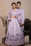 Shop_BEEJOLIYO_Purple Suede Embroidered Thread Jacket Open Geometric And Lehenga Set _Online_at_Aza_Fashions