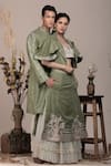 Buy_BEEJOLIYO_Green Suede Embroidered Applique Jacket Open Lehenga Set 