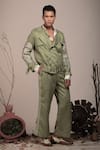 Buy_BEEJOLIYO_Green Suede Floral Embroidery Crop Jacket And Pant Set _at_Aza_Fashions