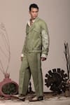 Buy_BEEJOLIYO_Green Suede Floral Embroidery Crop Jacket And Pant Set _Online_at_Aza_Fashions