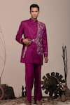 Buy_BEEJOLIYO_Purple Suede Geometric Embroidery Embriodered Long Jacket With Pant _at_Aza_Fashions