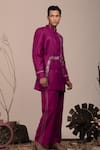 BEEJOLIYO_Purple Suede Geometric Embroidery Embriodered Long Jacket With Pant _Online_at_Aza_Fashions