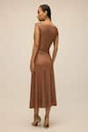 Shop_House of eda_Brown 100% Nylon Hand Embellished Crystal Round Arden Draped Midi Dress _at_Aza_Fashions