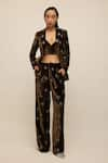 Buy_House of eda_Brown 100% Silk Velvet Hand Embellished Glass Bead Blazer Open Emerance Set _at_Aza_Fashions