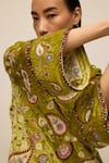 Buy_House of eda_Green Silk Velvet Embroidered Paisley High Marcia Thread Dress _Online_at_Aza_Fashions