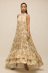 Buy_House of eda_Gold Shell 100% Viscose Printed Floral Halter Zariah Metallic Dress _at_Aza_Fashions