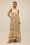 House of eda_Gold Shell 100% Viscose Printed Floral Halter Zariah Metallic Dress _Online_at_Aza_Fashions