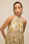 Buy_House of eda_Gold Shell 100% Viscose Printed Floral Halter Zariah Metallic Dress _Online_at_Aza_Fashions