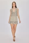 Buy_House of eda_Beige 100% Viscose Print Checkered Plunge V Neck Audrey Dress _at_Aza_Fashions