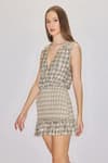 House of eda_Beige 100% Viscose Print Checkered Plunge V Neck Audrey Dress _Online_at_Aza_Fashions