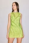 House of eda_Green 100% Nylon Hand Embellished Floral Round Edyth Shift Dress _Online_at_Aza_Fashions