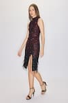 House of eda_Red 100% Polyester Hand Embellished Sequin High Collar Inaya Faux Feather Dress _Online_at_Aza_Fashions