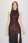 Buy_House of eda_Red 100% Polyester Hand Embellished Sequin High Collar Inaya Faux Feather Dress _Online_at_Aza_Fashions