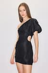 Buy_House of eda_Black 64% Linen Plain One Shoulder Val Ruche Dress _Online_at_Aza_Fashions