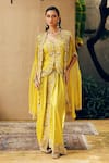 Buy_khushboo bagri_Yellow Organza Embroidery Floral Jacket V-neck Zardozi Draped Skirt Set _at_Aza_Fashions