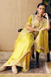 Shop_khushboo bagri_Yellow Organza Embroidery Floral Jacket V-neck Zardozi Draped Skirt Set _at_Aza_Fashions