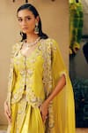 khushboo bagri_Yellow Organza Embroidery Floral Jacket V-neck Zardozi Draped Skirt Set _Online_at_Aza_Fashions