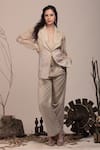 Buy_BEEJOLIYO_Beige Suede Embroidered Thread Lapel Collar Blazer And Pant Set _at_Aza_Fashions