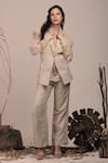 BEEJOLIYO_Beige Suede Embroidered Thread Lapel Collar Blazer And Pant Set _at_Aza_Fashions