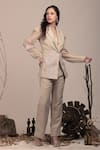 Buy_BEEJOLIYO_Beige Suede Embroidered Thread Lapel Collar Blazer And Pant Set 