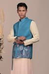 BEEJOLIYO_Blue Cotton Botanical Embroidery Nehru Jacket With Kurta Set _Online_at_Aza_Fashions