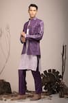 BEEJOLIYO_Purple Cotton Geometric Embroidery Button Up Suede Jacket Kurta Set _Online_at_Aza_Fashions