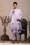 Buy_BEEJOLIYO_Purple Suede Botanical Embroidery Motif Long Jacket Kurta Set _at_Aza_Fashions