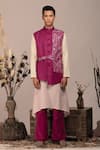 Shop_BEEJOLIYO_Purple Suede Geometric Asymmetric Belted Nehru Jacket With Kurta Set _Online_at_Aza_Fashions