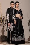 BEEJOLIYO_Black Suede Floral Embroidered Motif Long Jacket With Pant _at_Aza_Fashions