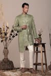 Buy_BEEJOLIYO_Green Suede Geometric Embroidered Long Jacket With Kurta Pant Set _at_Aza_Fashions