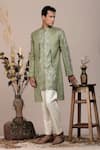 Buy_BEEJOLIYO_Green Suede Geometric Embroidered Long Jacket With Kurta Pant Set _Online_at_Aza_Fashions