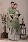 Shop_BEEJOLIYO_Green Suede Geometric Embroidered Long Jacket With Kurta Pant Set _Online_at_Aza_Fashions