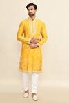 Kalighata_Yellow Chanderi Embroidery Floral Mustard Kurta Set _at_Aza_Fashions