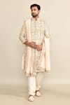 Kalighata_Ivory Silk Sequins, Cut Work Floral Embroidered Sherwani Set _at_Aza_Fashions