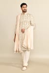 Buy_Kalighata_Ivory Silk Sequins, Cut Work Floral Embroidered Sherwani Set 