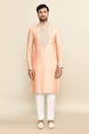 Buy_Kalighata_Peach Chanderi Embroidery Floral Kurta Set _Online_at_Aza_Fashions